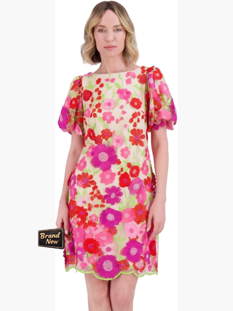 Floral Puff Sleeve Midi Dress With Boat Neck And Zipper Back